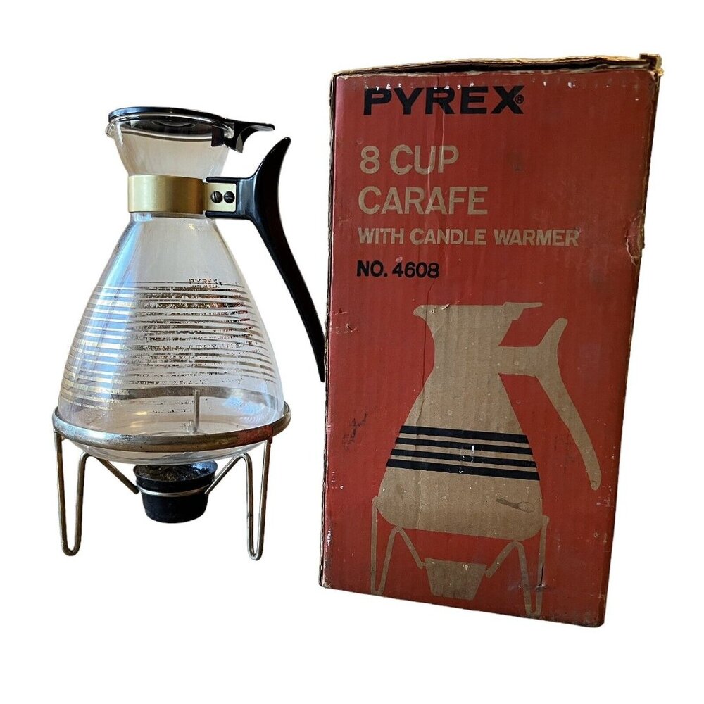 Vintage MCM Pyrex 8‎ cup Gold Glass Coffee Carafe Warmer Stand Original Box City